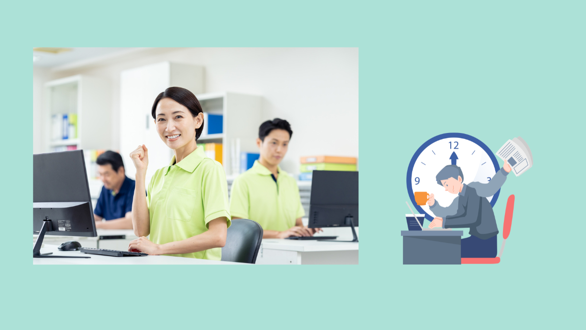 介護事業所のスタッフがデスクワークをしている様子。