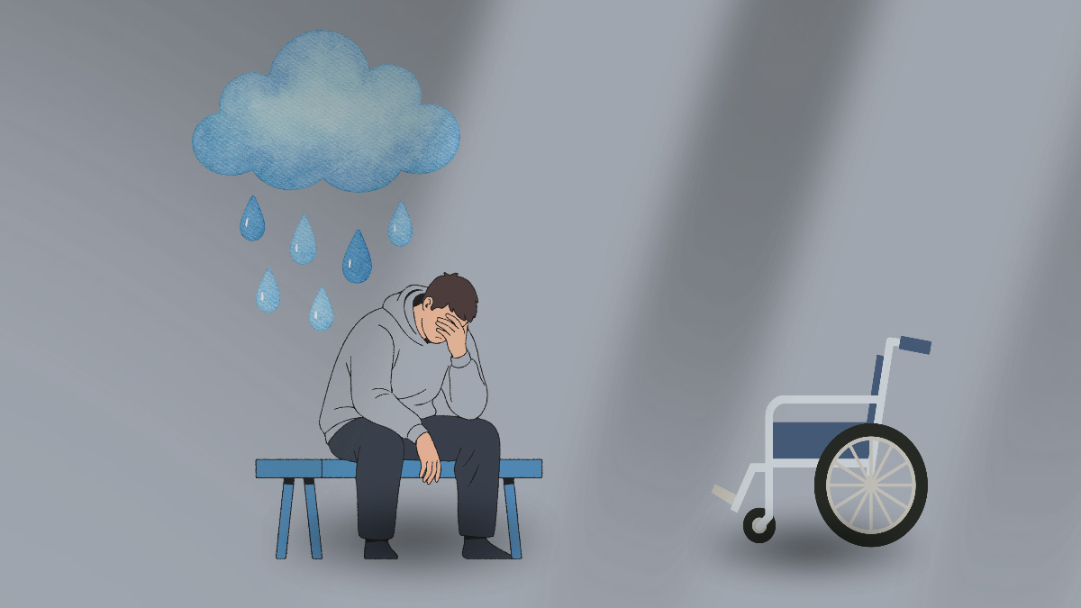 車いすを前に、頭を抱える介護者のイラスト。介護の中で気分が晴れない状態が続くイメージ