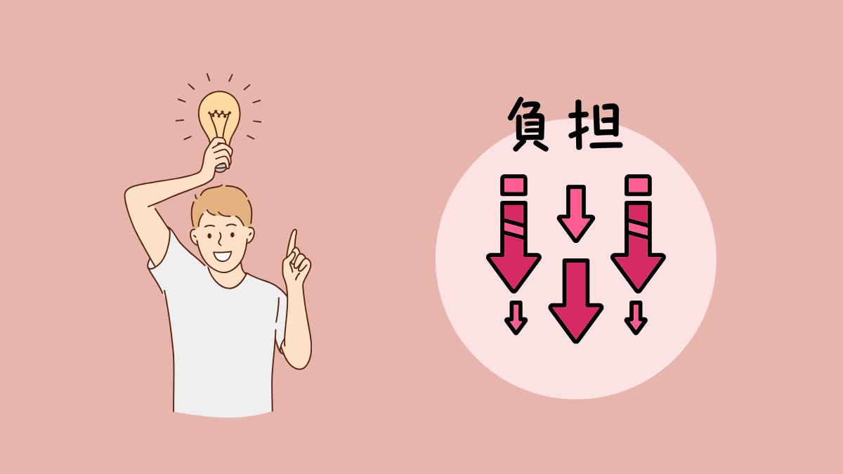 ひらめいた表情の人物と、「負担」の文字の下に下向きの矢印が並ぶイラスト。仕組みで介護の負担を減らすイメージ