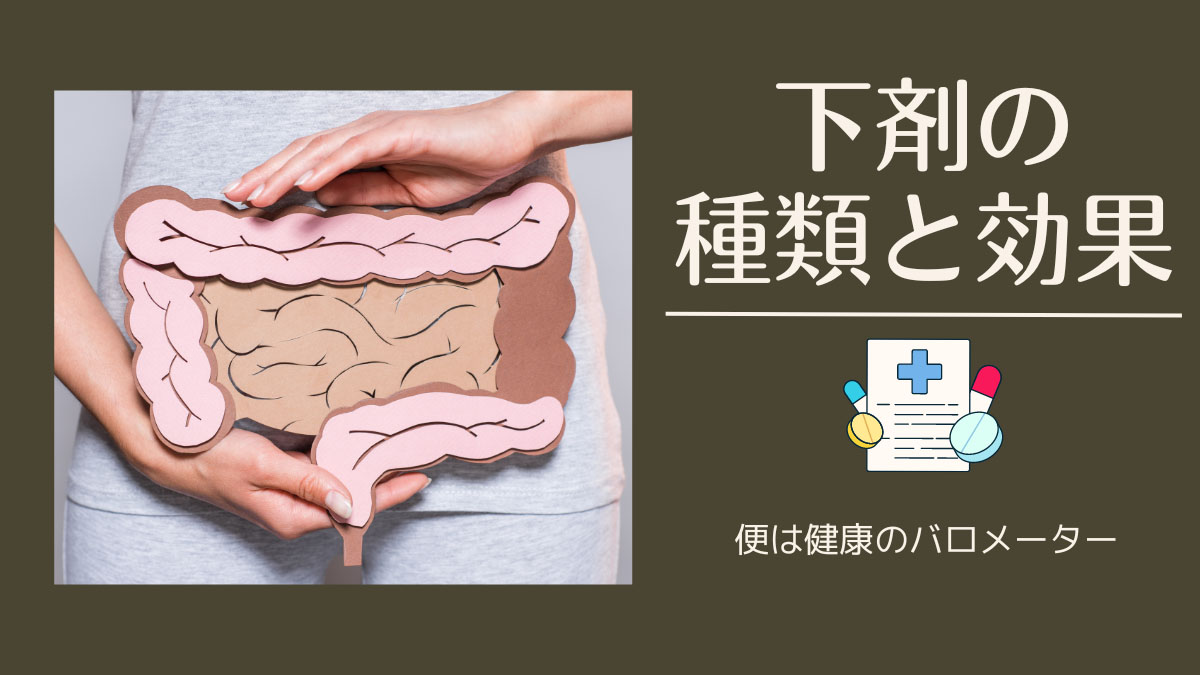 高齢者の下剤の種類と効果|大腸の模型をおなかに当てた人と、薬のイラスト