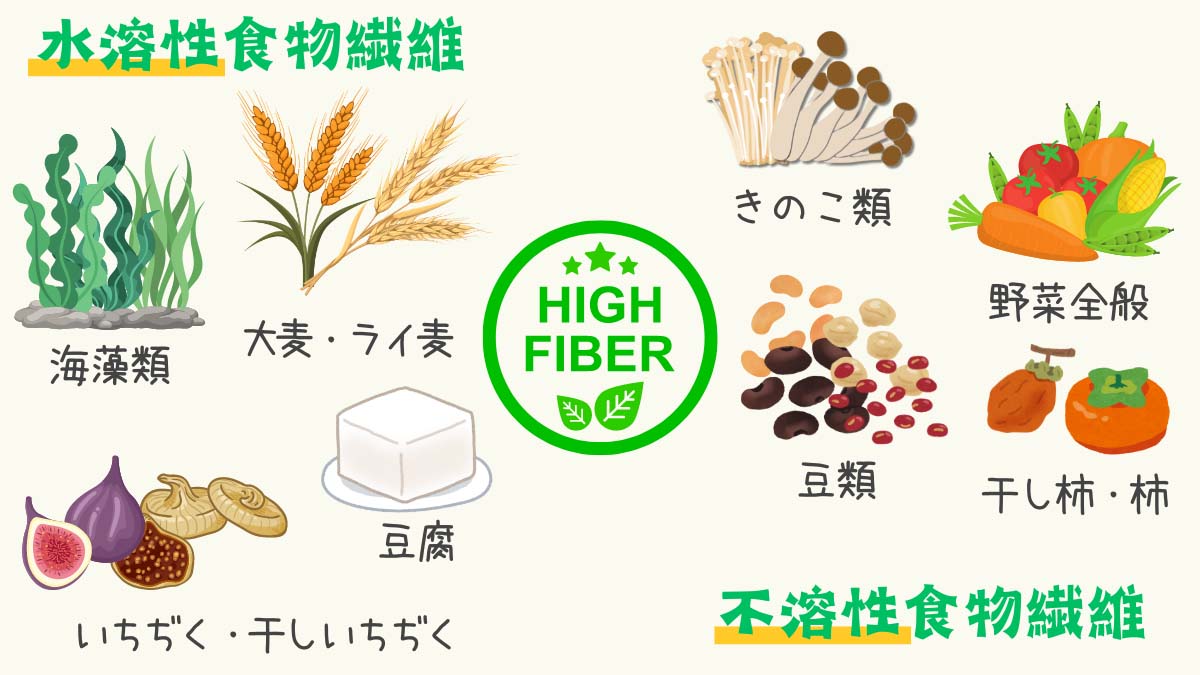 水溶性・不溶性食物繊維の含まれた食べ物の図