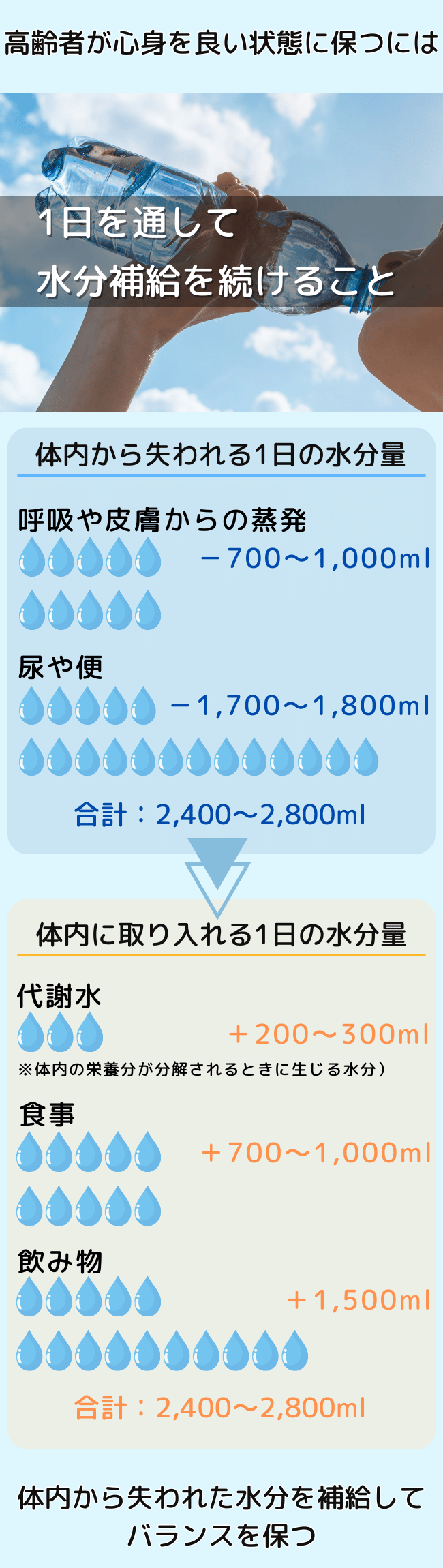 高齢者の水分補給の重要性を伝えています。体内での水分バランスを維持するために、1日の水分摂取量と水分喪失量を詳しく示しています。呼吸や皮膚からの蒸発、尿や便などで失われる水分の量（2,400～2,800ml）と、それに対応する代謝水、食事、飲み物からの水分摂取量が記載されています。持続的な水分補給が心身の健康を保つ鍵であることが強調されています。