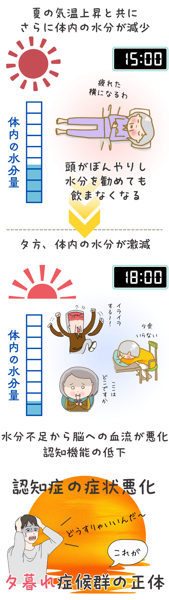夕方に体内の水分が減少し、認知症の症状が悪化することを示しています。適切な水分補給が重要です。