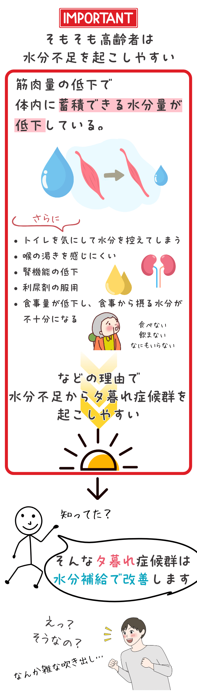 高齢者は筋肉量の減少や腎機能の低下、喉の渇きを感じにくいことなどが原因で水分不足になりやすいです。その結果、夕暮れ症候群を引き起こすことがありますが、適切な水分補給で改善が可能です。