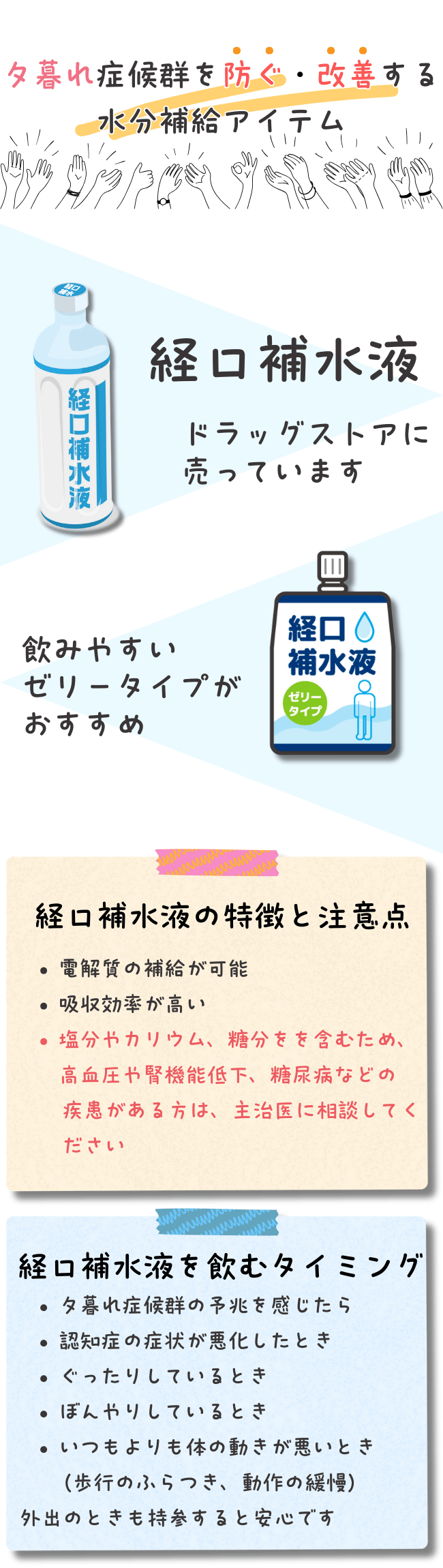 このページでは、夕暮れ症候群の予防や改善に役立つ経口補水液について説明されています。経口補水液は電解質を補給し吸収効率が高い特徴があり、ゼリータイプもおすすめされています。ただし、高血圧や腎機能低下、糖尿病などの疾患がある方は医師に相談する必要があります。飲むタイミングとして、症状の予兆や体調の変化を感じた時が推奨されています。
